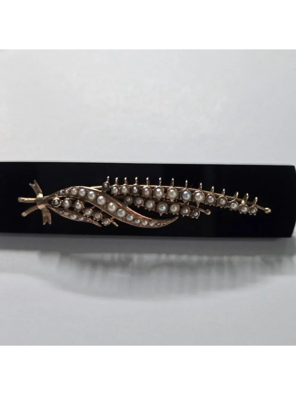 Victorian Antique 10k-14k Onyx Seed Pearl Lily Of The Valley Spray Mourning Broo